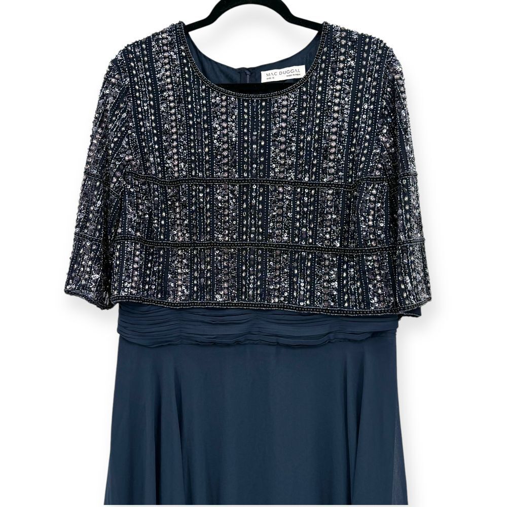 Mac Duggal NEW Chiffon Gown w/ Fully Beaded 3/4 Sleeve Top Navy $598 - Size‎ 18 - Picture 6 of 13